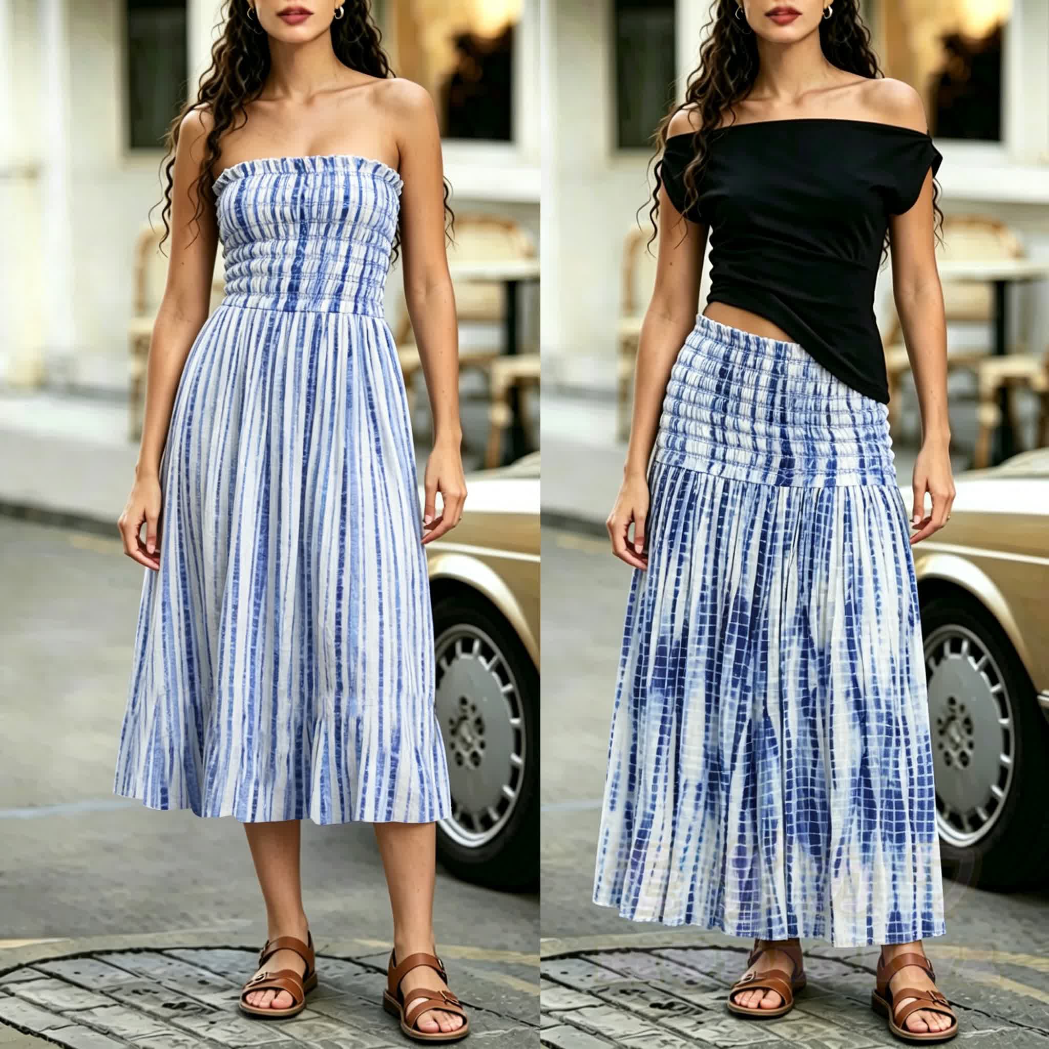 2-in-1-Kleid, blau-weiß gestreift, gerafft, trägerlos, Midi-Länge - Blau - L - image 1