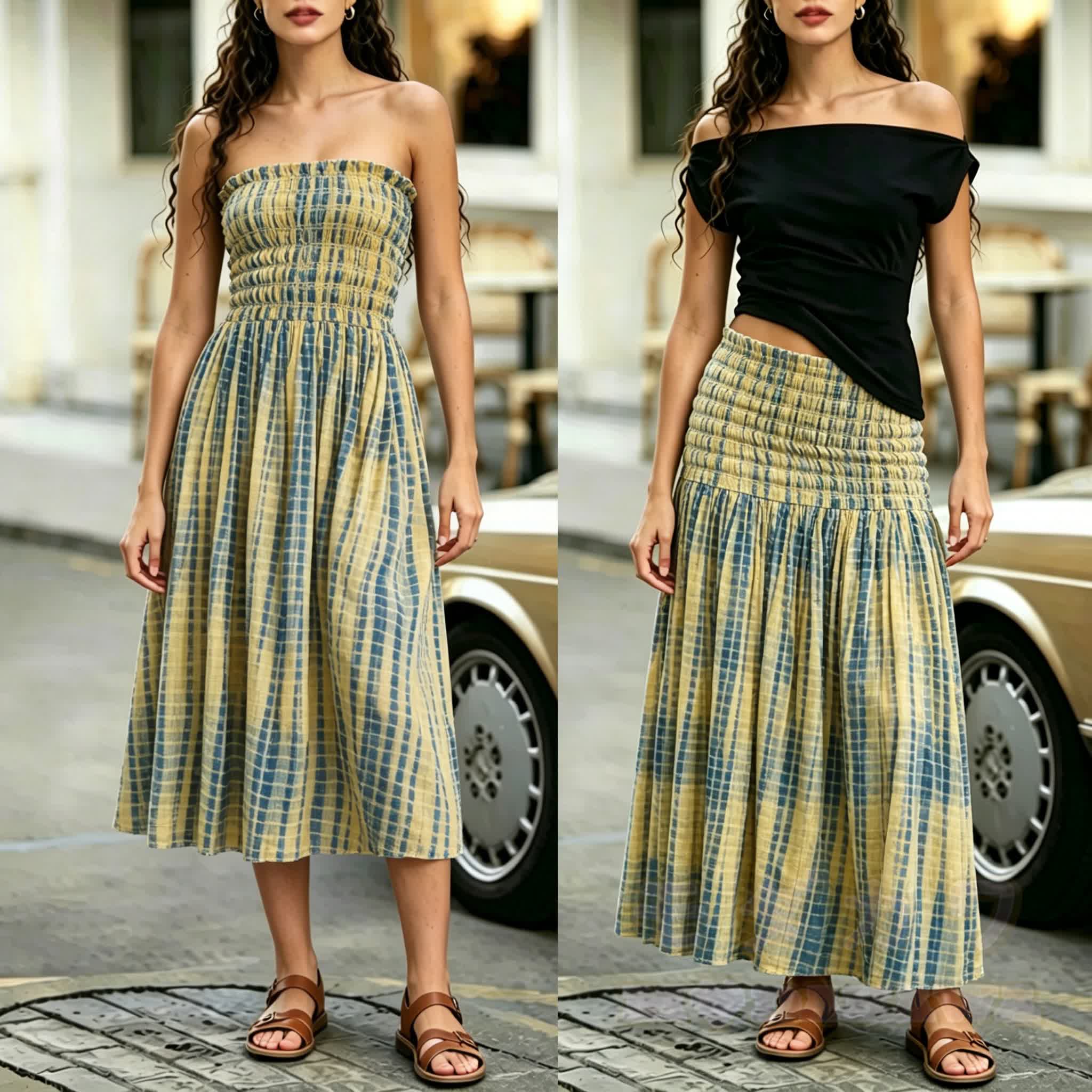 2-in-1-Kleid mit Karomuster, gesmoktem Stoff, trägerlos, Midi-Länge - Gelb - L - image 1