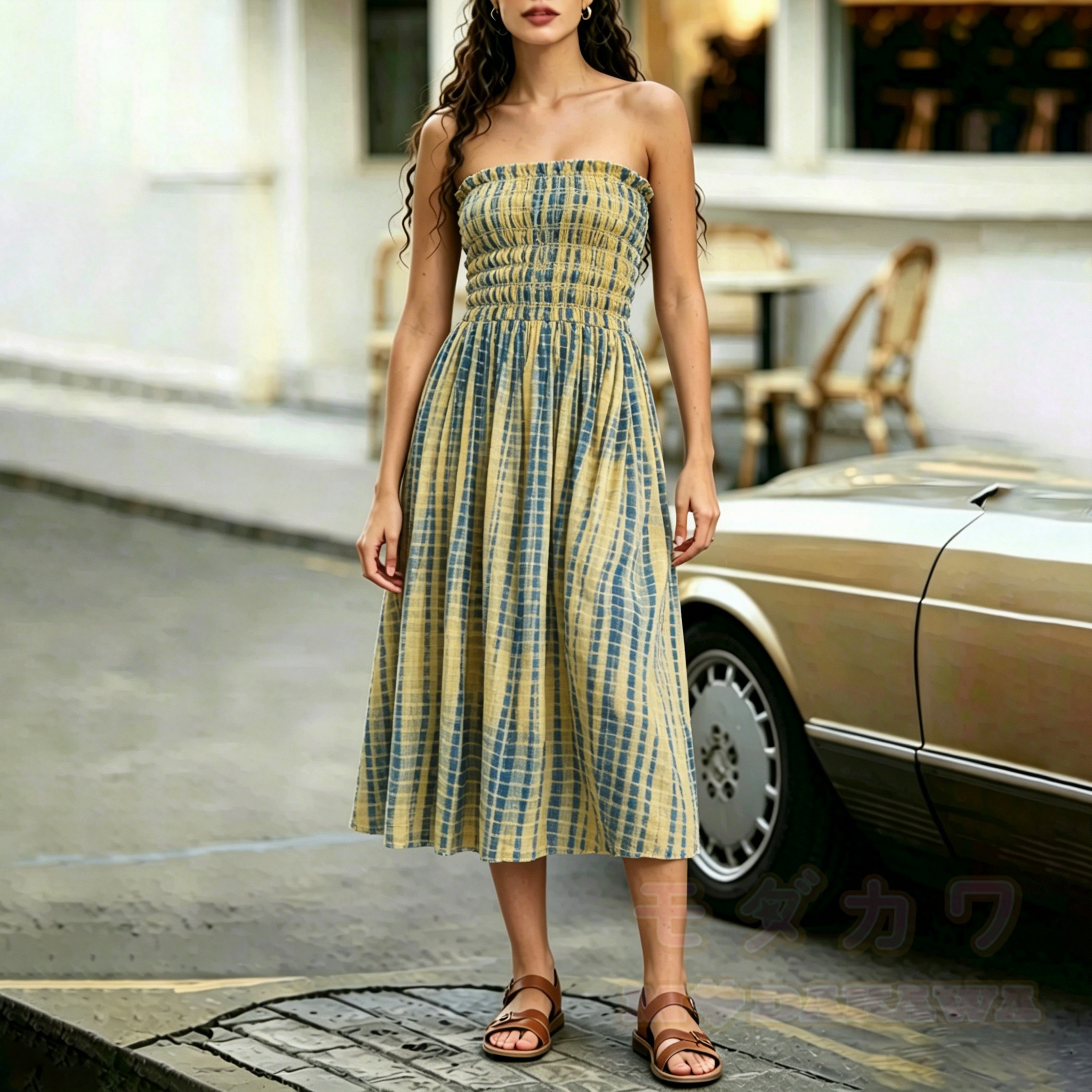 2-in-1-Kleid mit Karomuster, gesmoktem Stoff, trägerlos, Midi-Länge - image 2