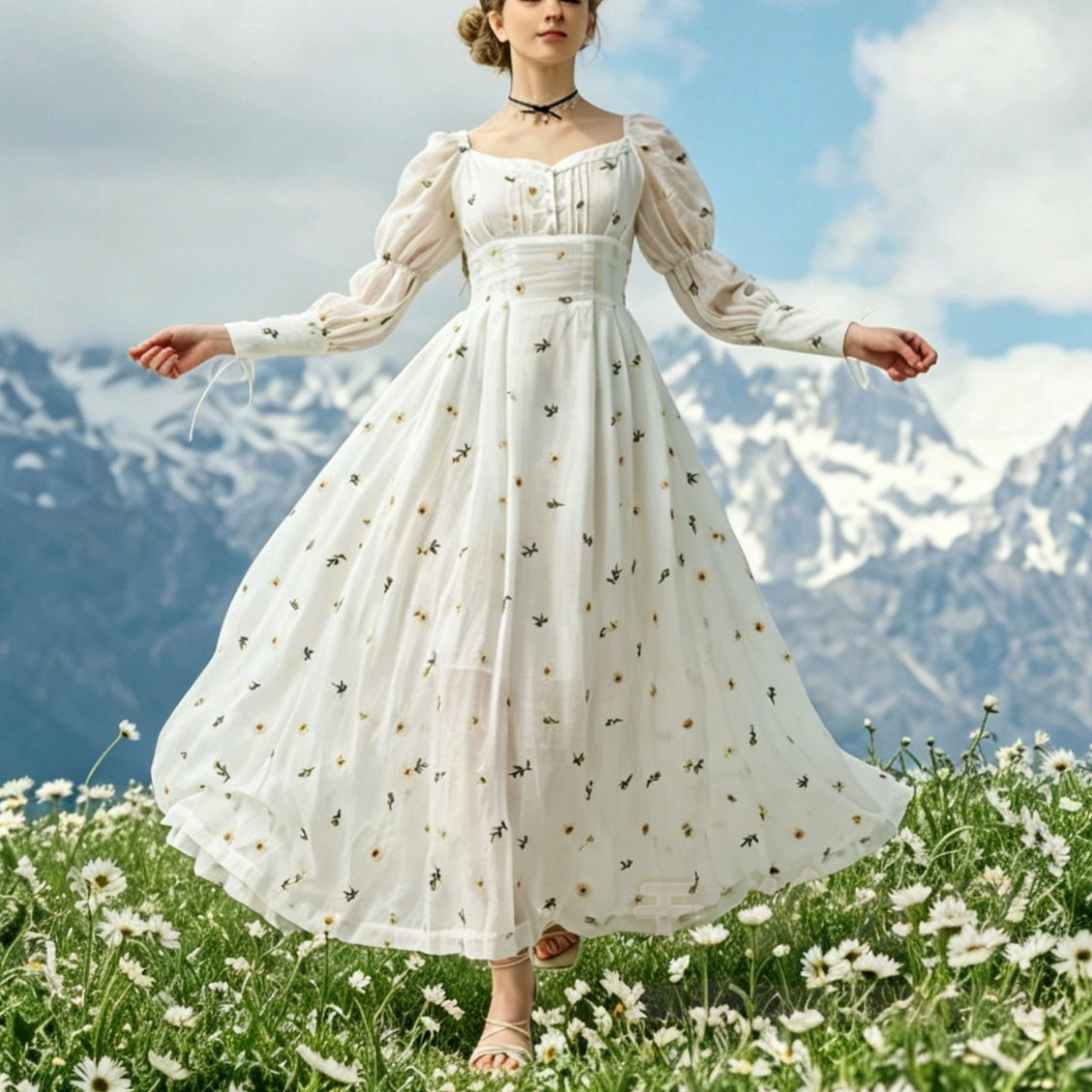 Weißes, floral besticktes Chiffon-Maxikleid mit Puffärmeln, eckigem Ausschnitt und Cottagecore-Stil - Weiß - L - image 1
