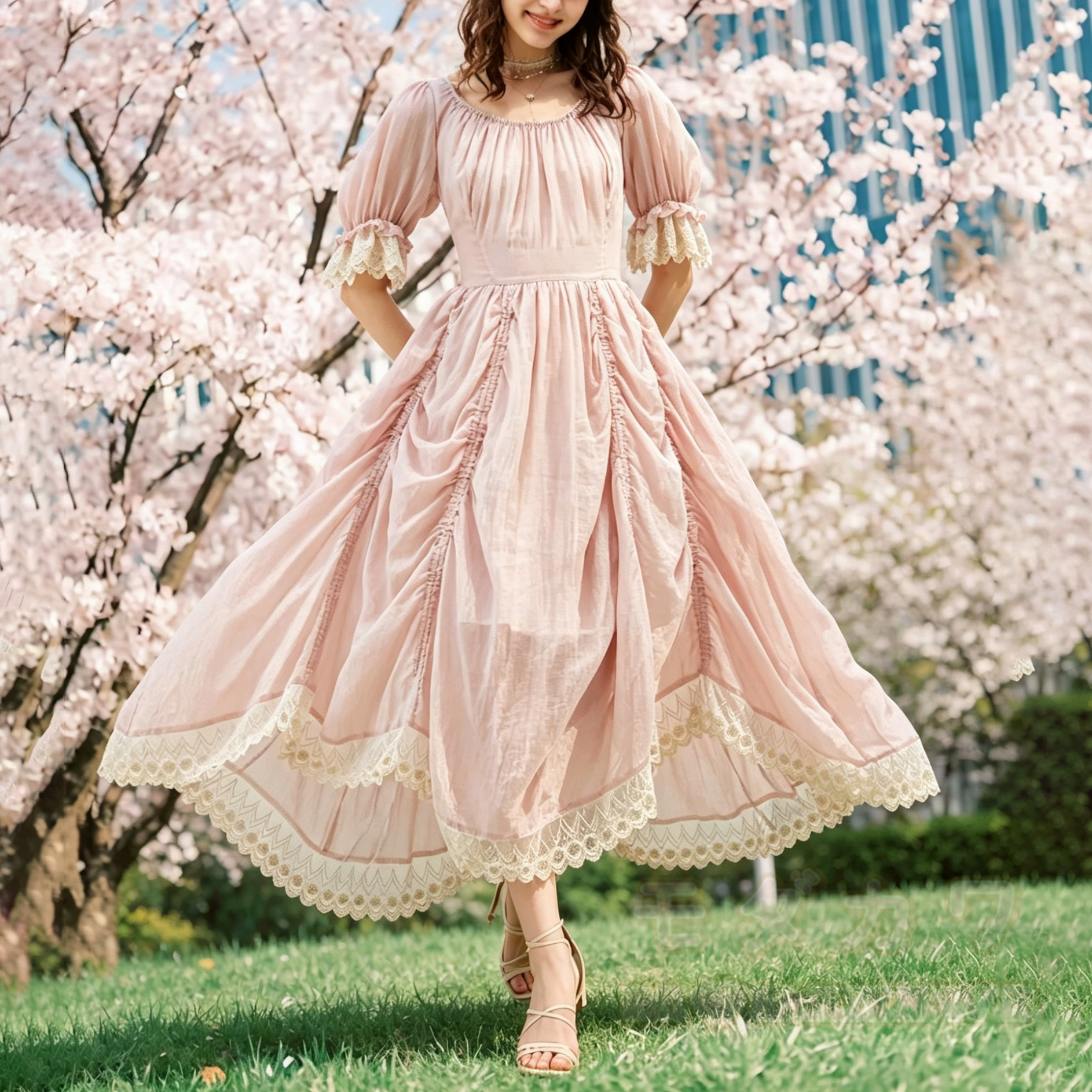 Rosa Midikleid im Cottagecore-Stil mit Spitzenbesatz, Puffärmeln und Vintage-Prinzessinnenkleid - Rosa - L - image 1