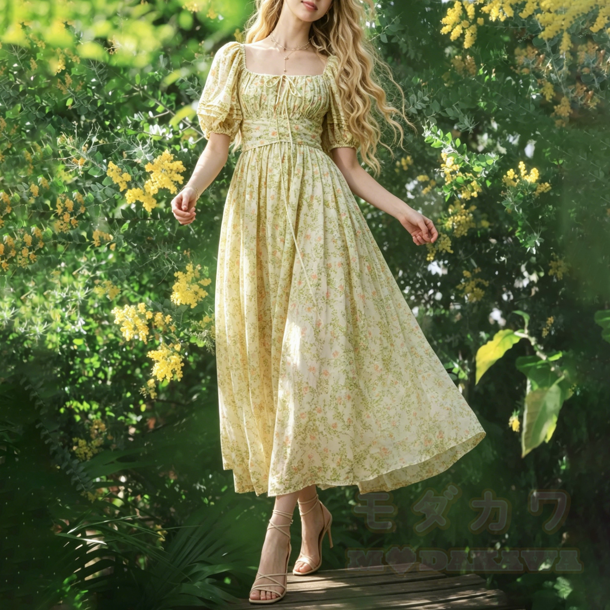 Maxikleid im Cottagecore-Stil mit Blumenmuster, Puffärmeln, eckigem Ausschnitt und Boho-Stil - Grün - L - image 1