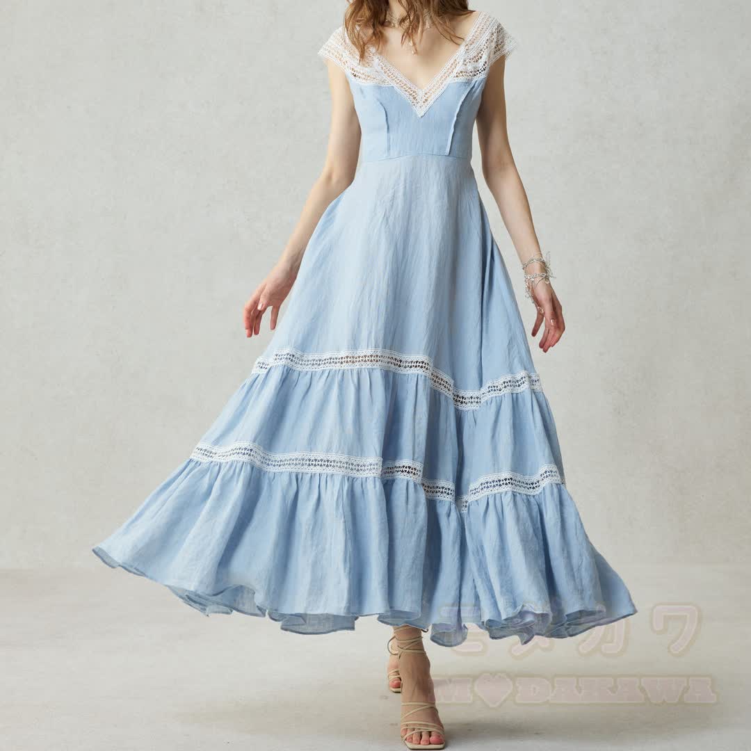 Hellblaues Maxikleid mit Spitzenbesatz, ärmellos, V-Ausschnitt, Cottagecore-Boho-Stil - image 2