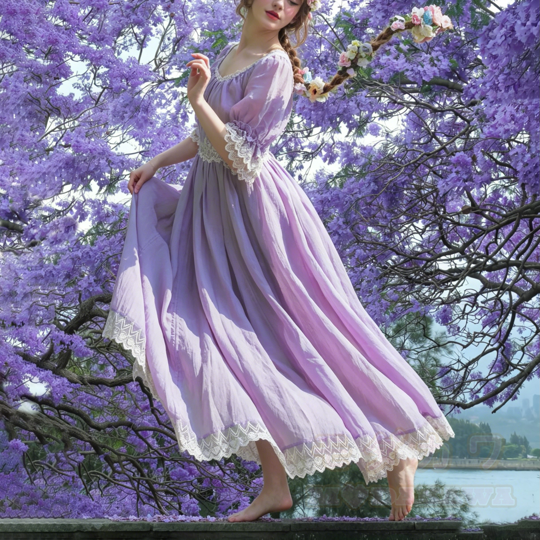 Lavendelfarbenes Maxikleid im Cottagecore-Stil mit Spitzenbesatz, Puffärmeln und Vintage-Prinzessinnenkleid - Lila - L - image 1