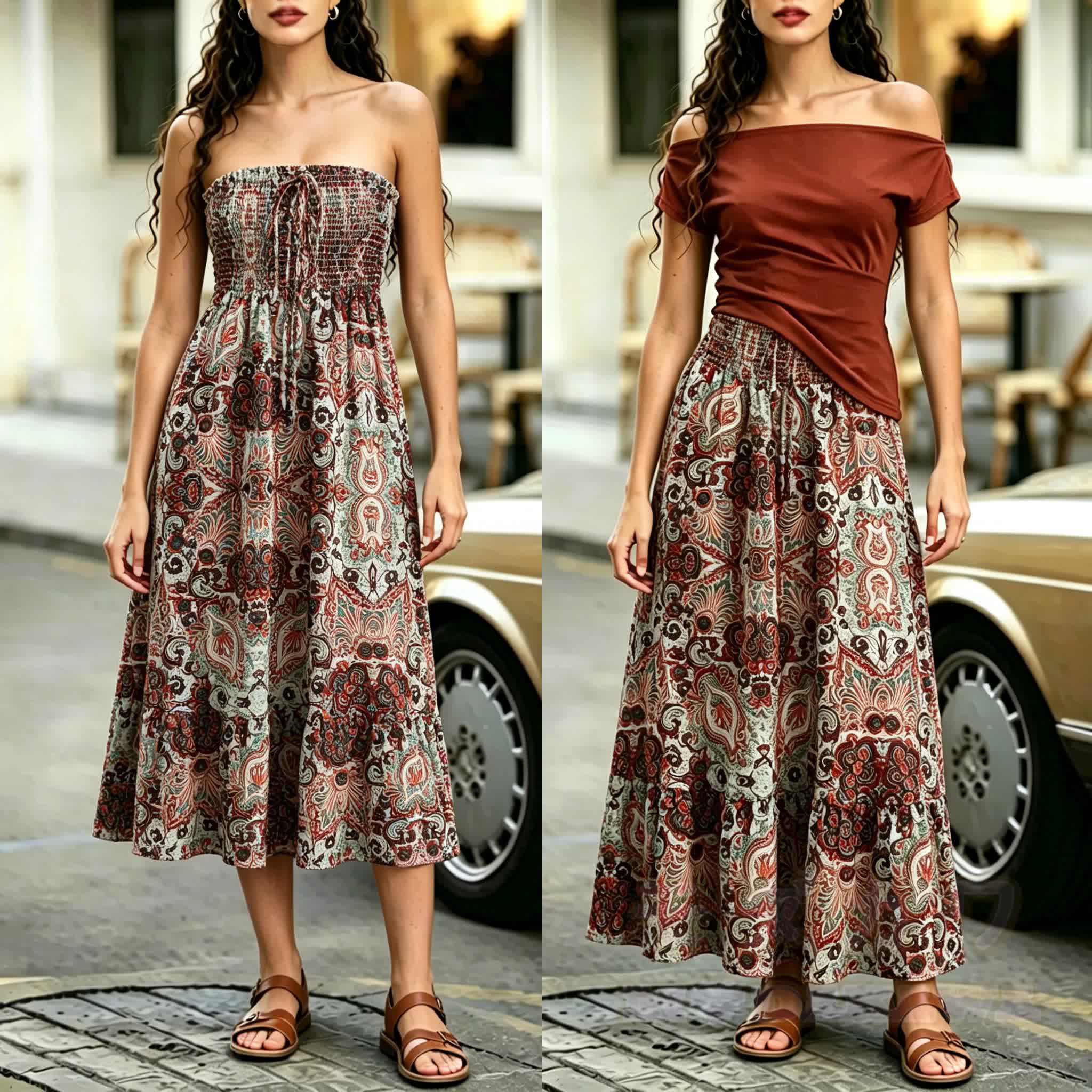 2-in-1 Boho-Maxikleid mit Paisley-Muster, trägerlos - Mehrfarbig - L - image 1