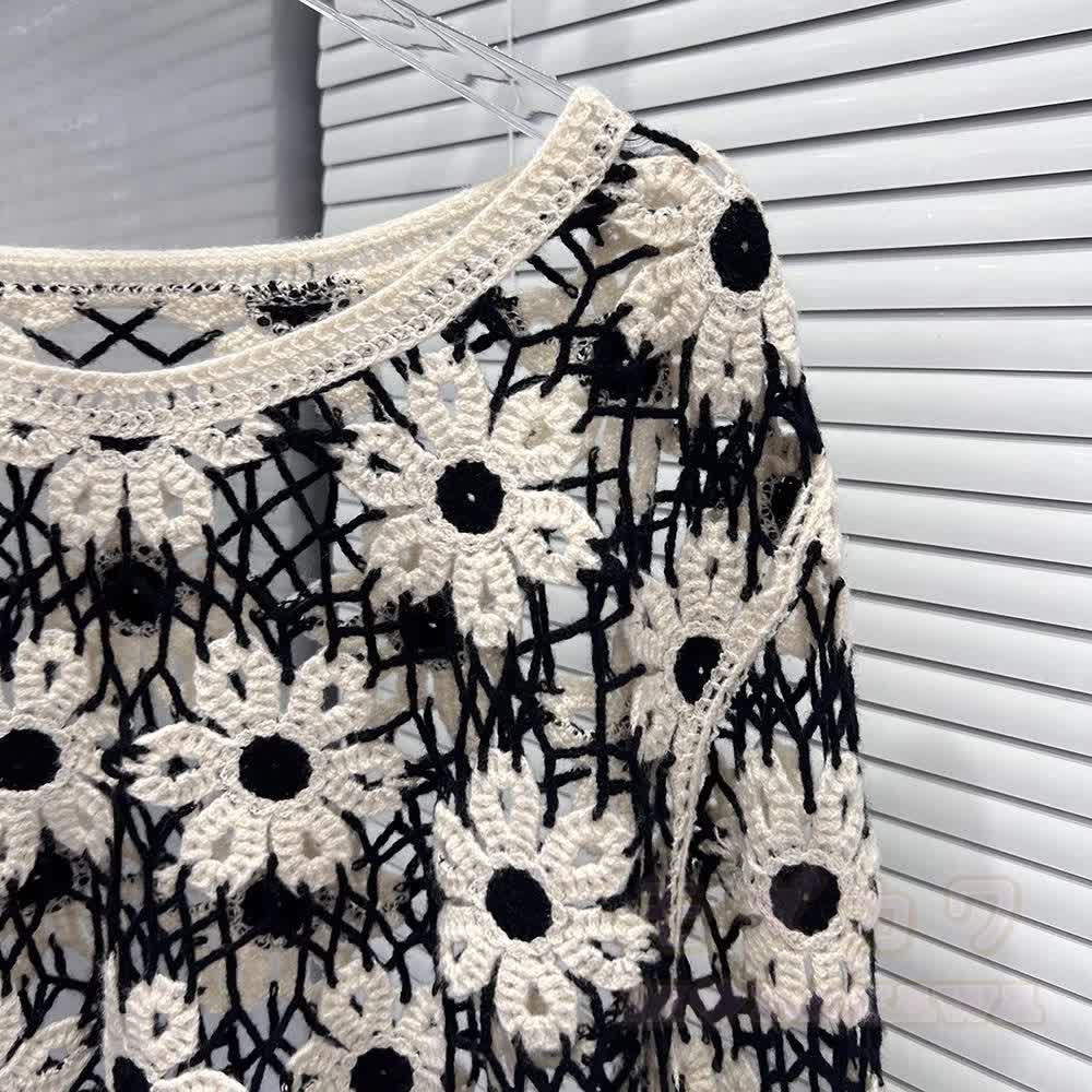 Boho-Strandbluse mit Gänseblümchen-Häkelmuster, transparent, langärmelig, zum Überziehen - image 3