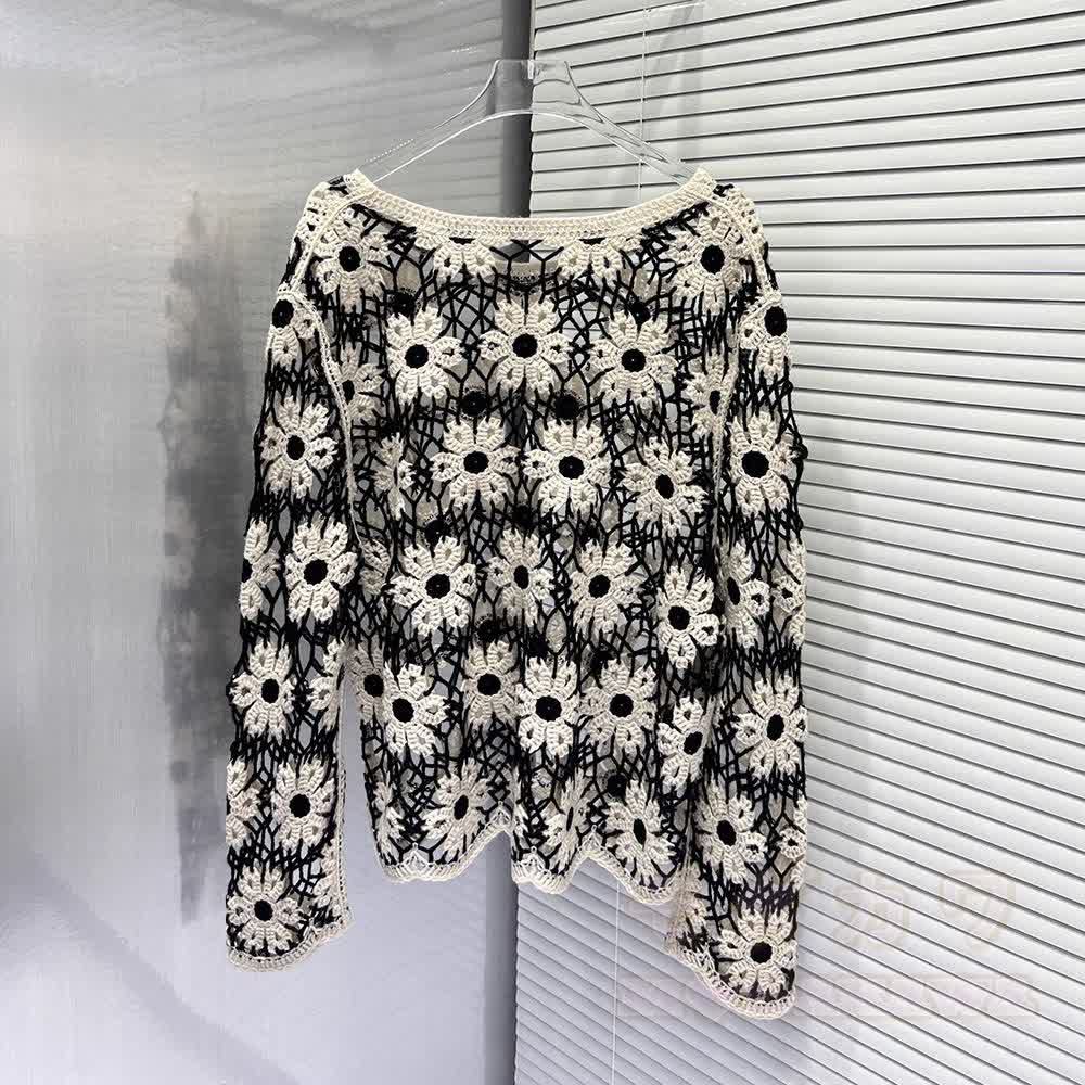 Boho-Strandbluse mit Gänseblümchen-Häkelmuster, transparent, langärmelig, zum Überziehen - image 5