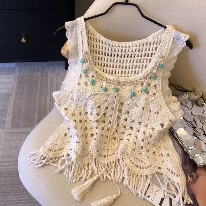 Boho-Tanktop mit Häkelfransen, ärmellos, Strandtop - Aprikose - One Size - image 5