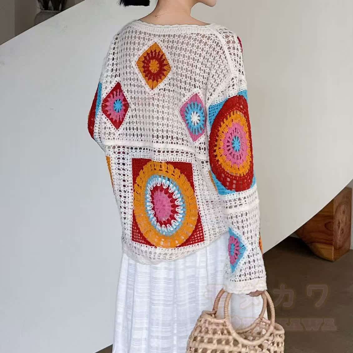 Boho Patchwork Häkel-Strandpullover mit langen Ärmeln, transparent, langärmelig - image 4