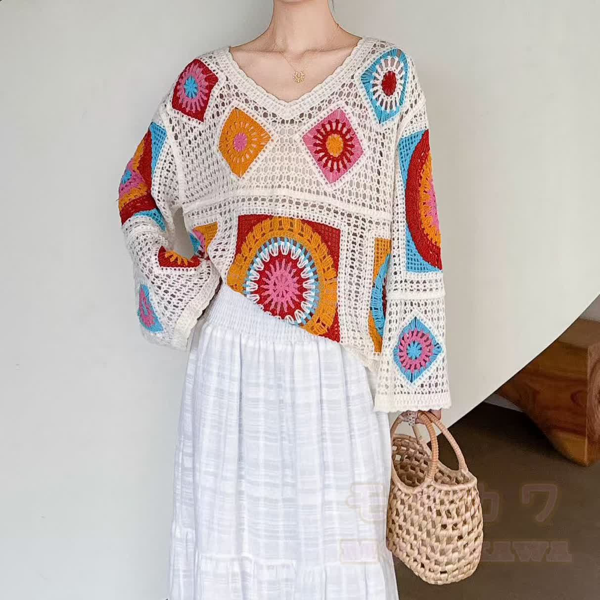 Boho Patchwork Häkel-Strandpullover mit langen Ärmeln, transparent, langärmelig - image 2