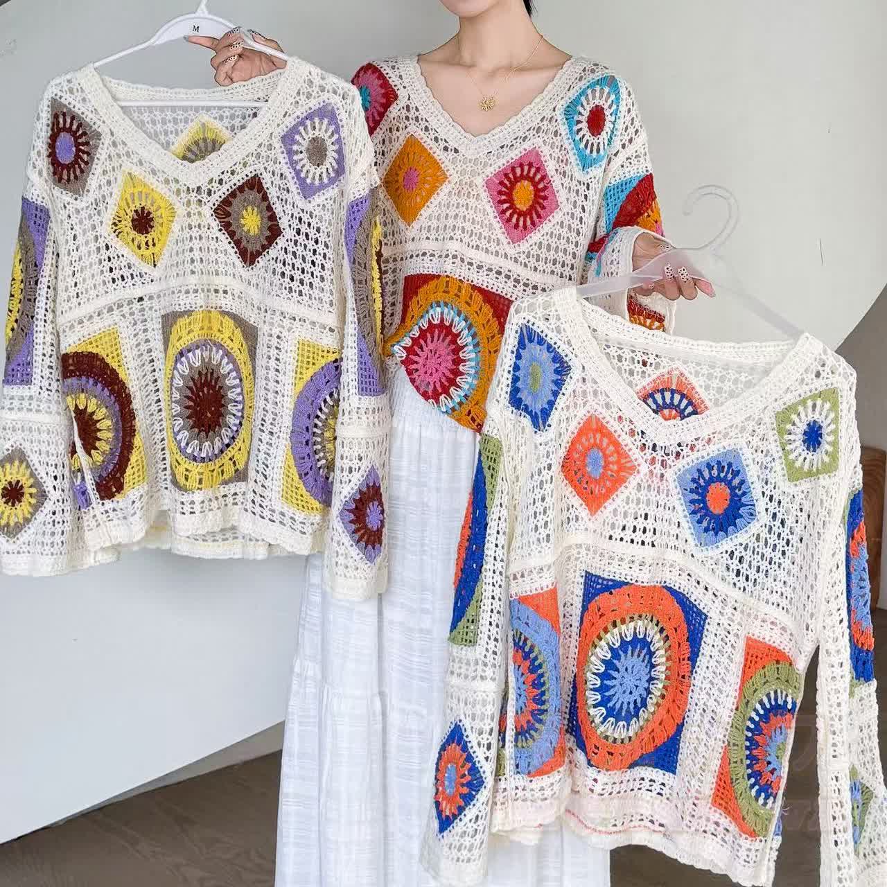 Boho Patchwork Häkel-Strandpullover mit langen Ärmeln, transparent, langärmelig - image 5