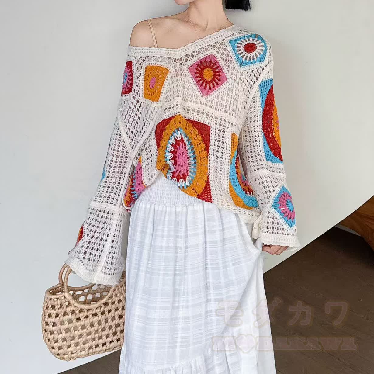 Boho Patchwork Häkel-Strandpullover mit langen Ärmeln, transparent, langärmelig - image 3