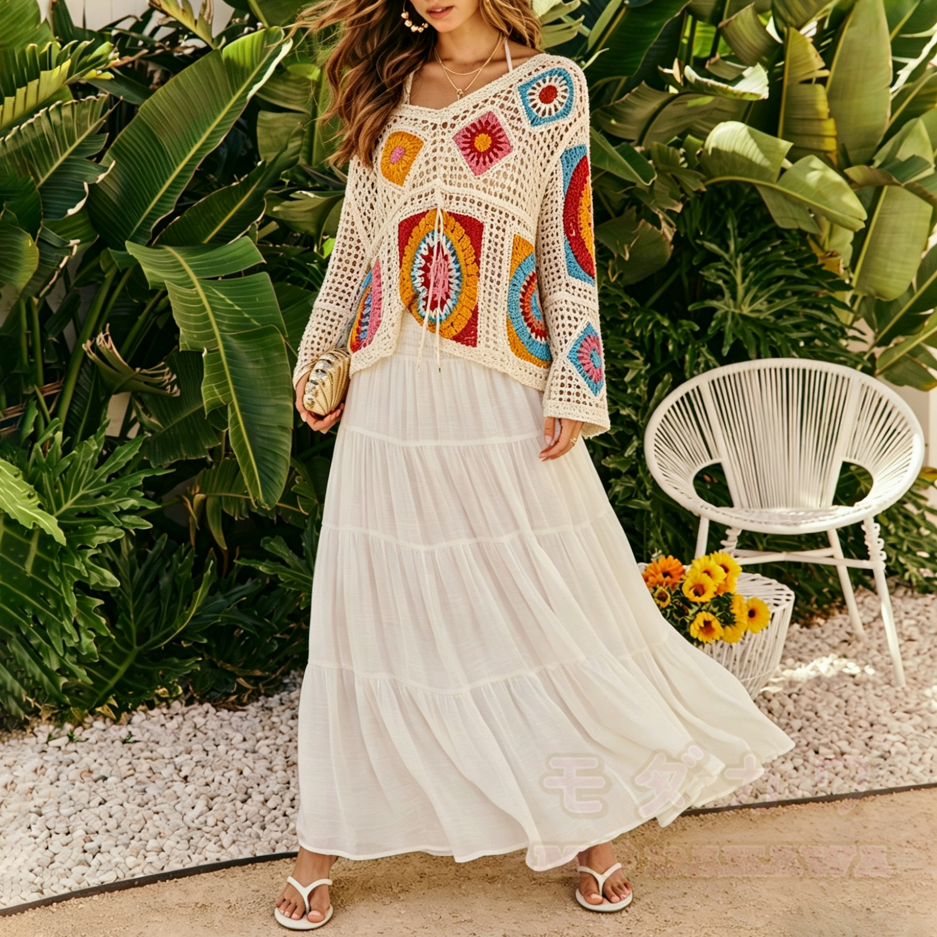 Boho Patchwork Häkel-Strandpullover mit langen Ärmeln, transparent, langärmelig - image 1