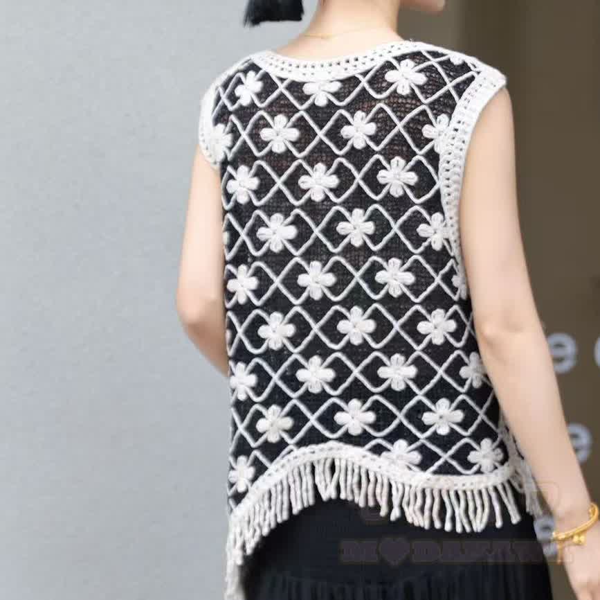Ärmelloses Strand-Cover-Up-Top im Boho-Stil mit Blumenmuster und Häkelfransen - image 5