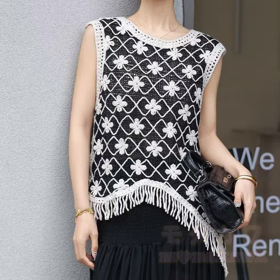 Ärmelloses Strand-Cover-Up-Top im Boho-Stil mit Blumenmuster und Häkelfransen - Schwarz - One Size - image 6