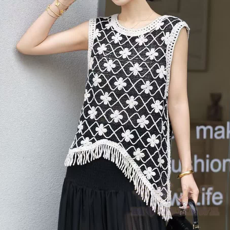 Ärmelloses Strand-Cover-Up-Top im Boho-Stil mit Blumenmuster und Häkelfransen - image 4