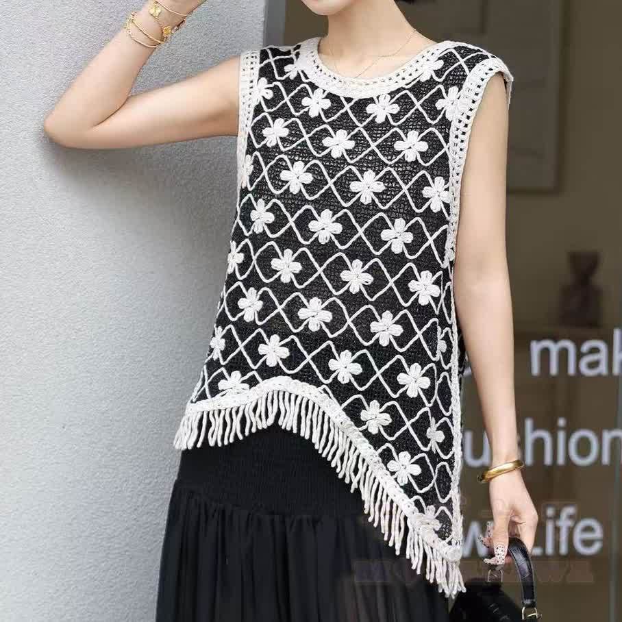 Ärmelloses Strand-Cover-Up-Top im Boho-Stil mit Blumenmuster und Häkelfransen - image 4
