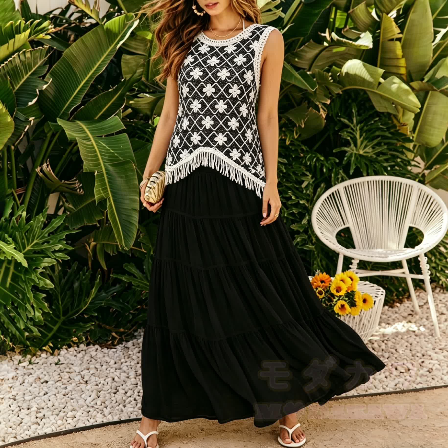 Ärmelloses Strand-Cover-Up-Top im Boho-Stil mit Blumenmuster und Häkelfransen - image 2