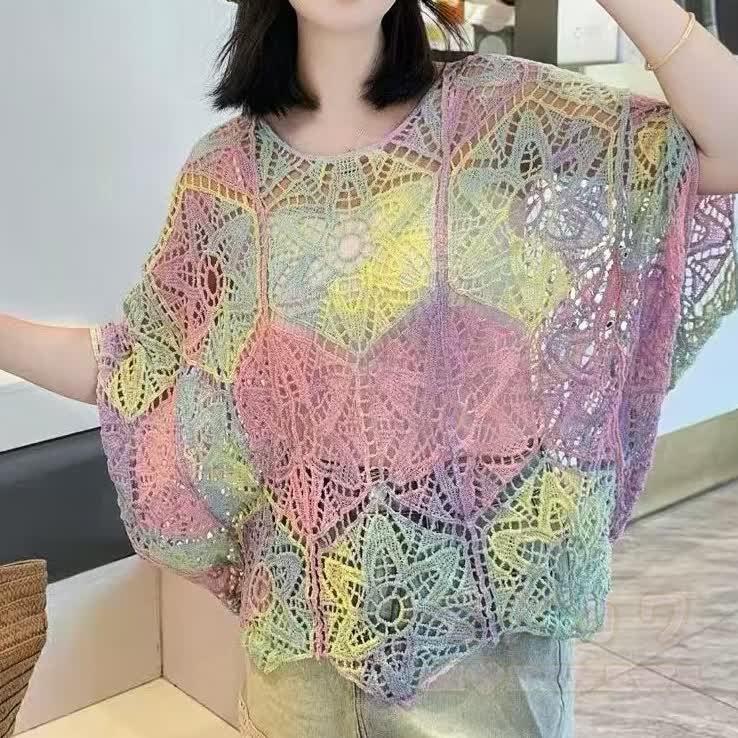 Pastellfarbener Häkelponcho im Boho-Stil, transparentes Strand-Cover-Up-Top - image 3
