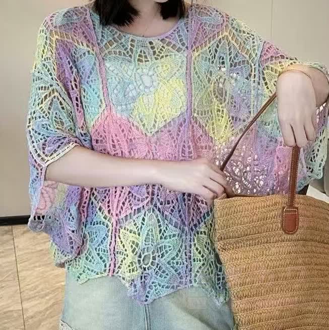 Pastellfarbener Häkelponcho im Boho-Stil, transparentes Strand-Cover-Up-Top - image 2