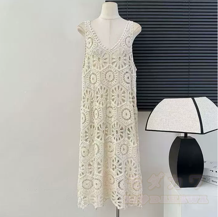 Ärmelloses Strandkleid im Boho-Stil mit Häkelspitze und V-Ausschnitt - Aprikose - One Size - image 5