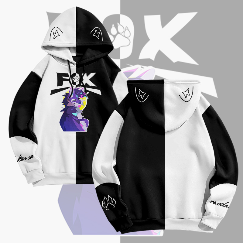 MODAKAWA X pandashk Zunge-raus-Fuchs-Grafik-Pullover-Hoodie - Black & White - 6XL - image 2