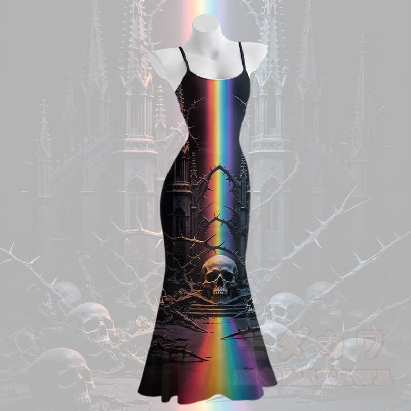 Gothic Skull Rainbow Castle Graphic Modakawa Spaghetti Strap Maxi Mermaid Dress - Schwarz - 5XL - image 2