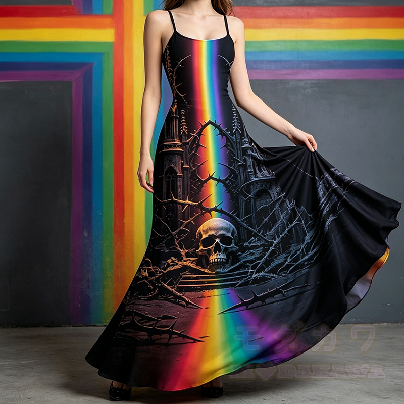 Gothic Skull Rainbow Castle Graphic Modakawa Spaghetti Strap Maxi Mermaid Dress - image 1