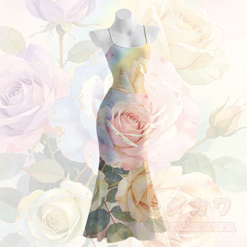 Rose Graphic Modakawa Spaghetti Strap Maxi Mermaid Dress - Mehrfarbig - 5XL - image 2
