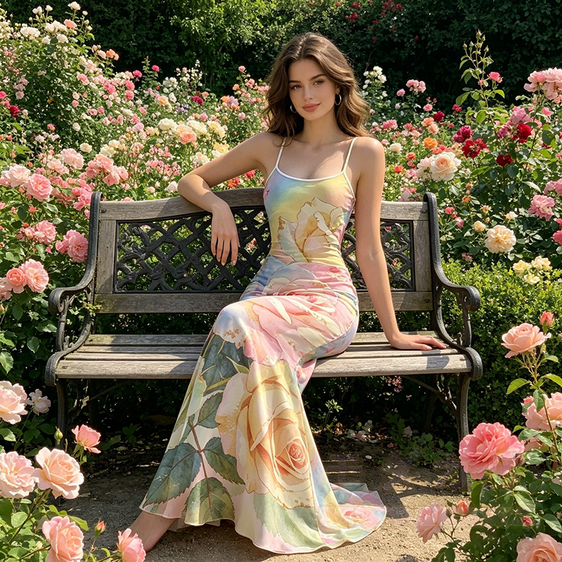 Rose Graphic Modakawa Spaghetti Strap Maxi Mermaid Dress - image 1