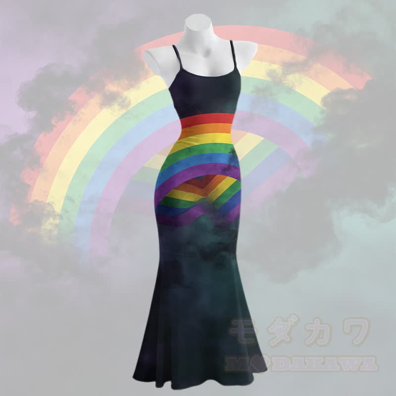 Modakawa Maxikleid mit Regenbogenmuster, Spaghettiträgern und Meerjungfrauenmotiv - Mehrfarbig - 5XL - image 2