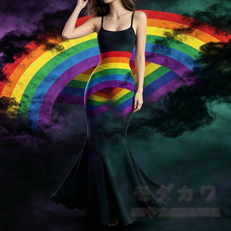Modakawa Maxikleid mit Regenbogenmuster, Spaghettiträgern und Meerjungfrauenmotiv - image 1