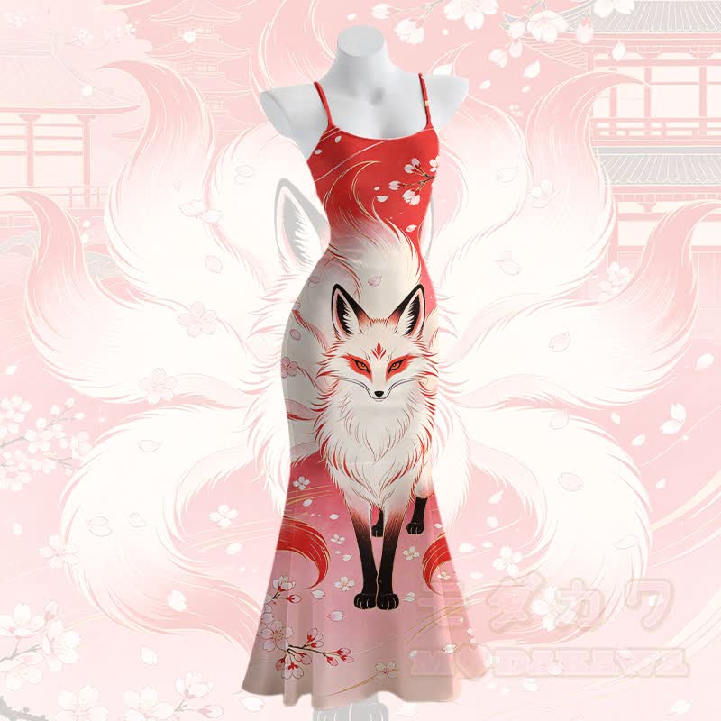 Modakawa Maxikleid mit neunschwänzigem Fuchs-Motiv und Spaghettiträgern im Meerjungfrauen-Stil - Rot - 5XL - image 2