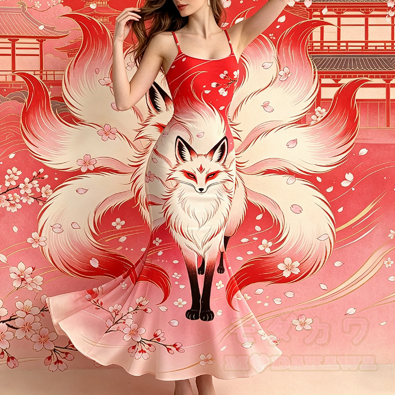 Modakawa Maxikleid mit neunschwänzigem Fuchs-Motiv und Spaghettiträgern im Meerjungfrauen-Stil - image 1