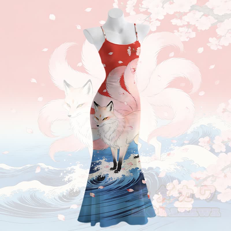 Modakawa Maxikleid mit neunschwänzigem Fuchs-Wellenmuster, Spaghettiträgern und Meerjungfrauen-Motiv - Mehrfarbig - 5XL - image 2