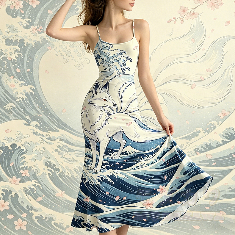 Modakawa Maxikleid mit neunschwänzigem Fuchs-Motiv und Spaghettiträgern im Meerjungfrauen-Stil - image 1