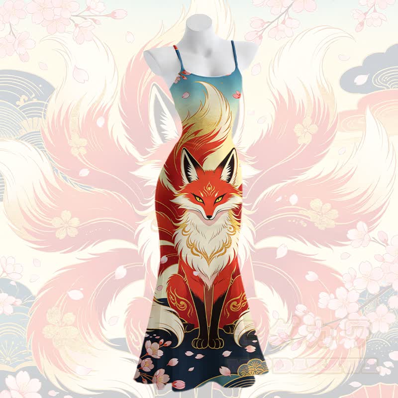 Sakura Neunschwänziger Fuchs Grafik Modakawa Spaghetti-Träger Maxi Meerjungfrauenkleid - Mehrfarbig - 5XL - image 2