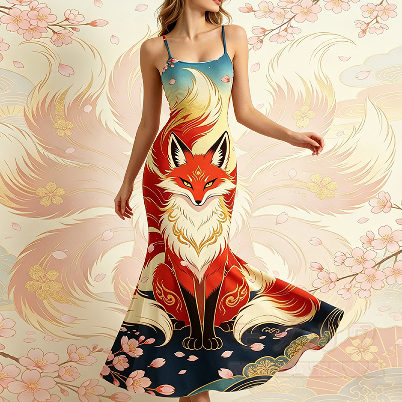 Sakura Neunschwänziger Fuchs Grafik Modakawa Spaghetti-Träger Maxi Meerjungfrauenkleid - image 1