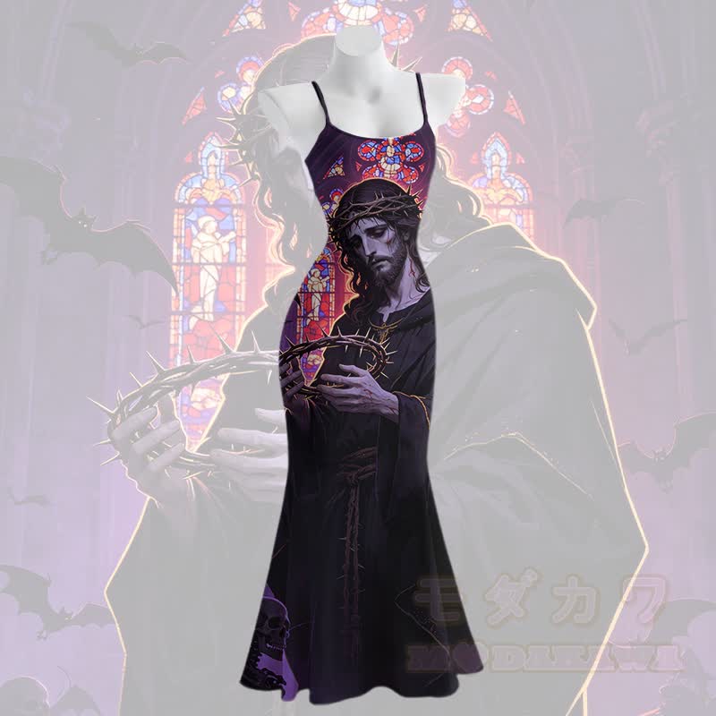 Gotische Kathedrale Porträt Grafik Modakawa Spaghetti Träger Maxi Meerjungfrauenkleid - Mehrfarbig - 5XL - image 2