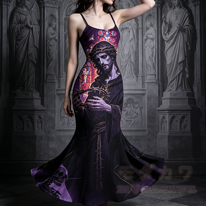 Gotische Kathedrale Porträt Grafik Modakawa Spaghetti Träger Maxi Meerjungfrauenkleid - image 1