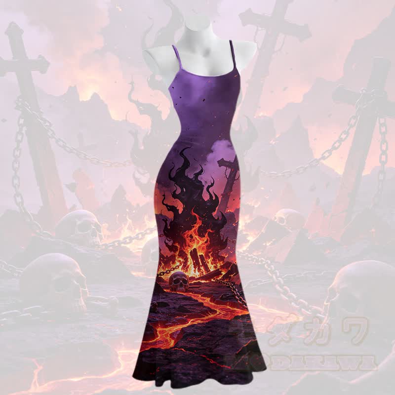 Modakawa Maxikleid mit Flammen-Totenkopf-Kreuz-Grafik, Spaghettiträger, Meerjungfrauenkleid - Mehrfarbig - 5XL - image 2