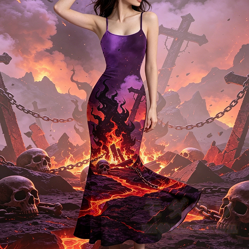 Modakawa Maxikleid mit Flammen-Totenkopf-Kreuz-Grafik, Spaghettiträger, Meerjungfrauenkleid - image 1