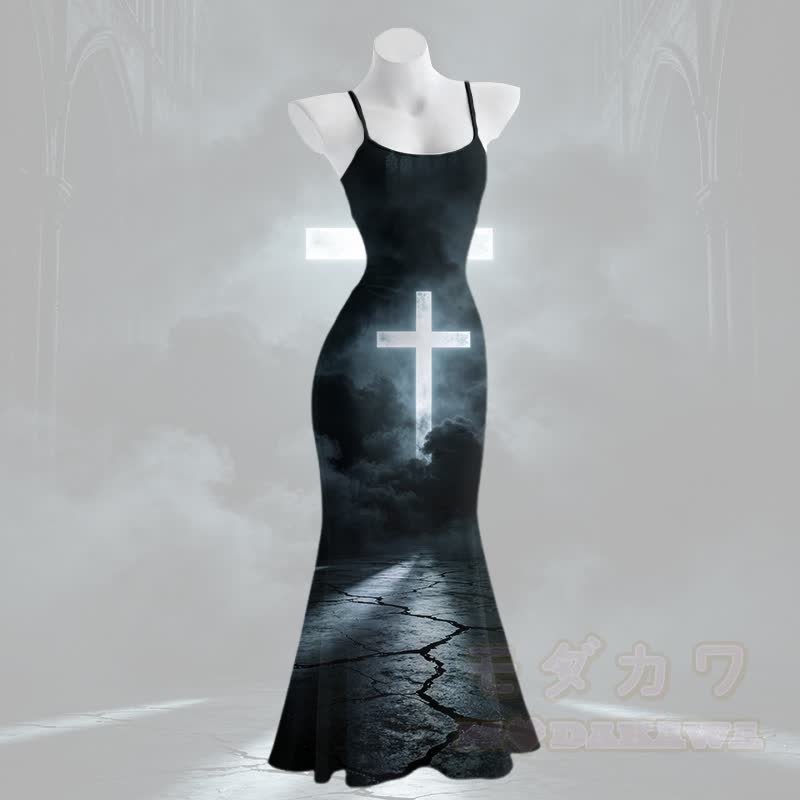 Modakawa Maxikleid mit Spaghettiträgern und Cross Cloud Graphic - Schwarz - 5XL - image 2