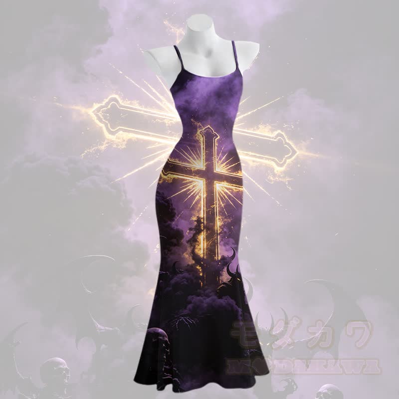 Modakawa Maxikleid mit Totenkopf-Motiv, Spaghettiträgern und Meerjungfrauen-Stil - Lila - 5XL - image 2