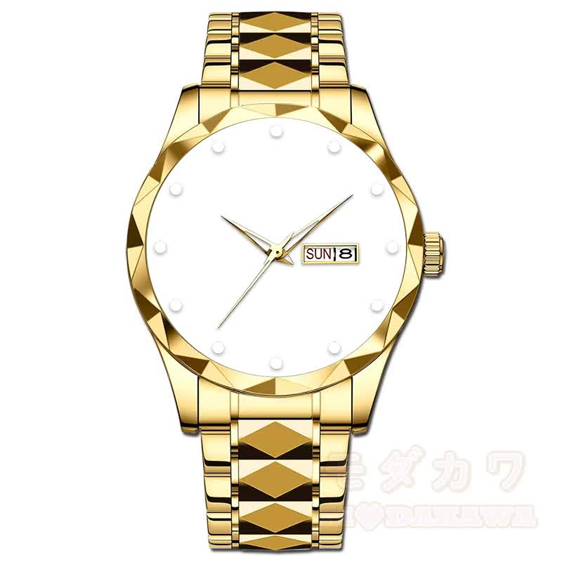 Herrenuhr mit dualem chinesischem und englischem Kalender, Leuchtzeigern, diamantförmigem Spiegel - Gold - image 6