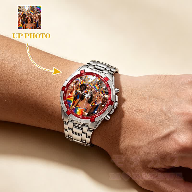 Personalisierte Fotouhr, individuelles Zifferblatt, Metallarmbanduhr - image 1