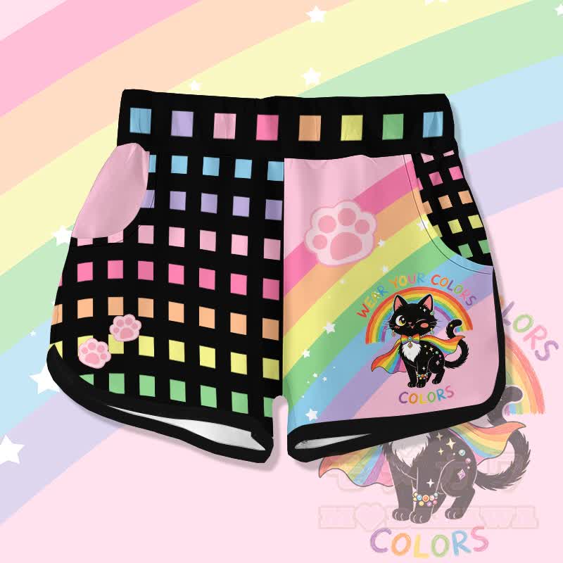 Zeig deine Farben! Modakawa Shorts mit Regenbogen- und schwarzem Katzenmotiv - Mehrfarbig - 5XL - image 1