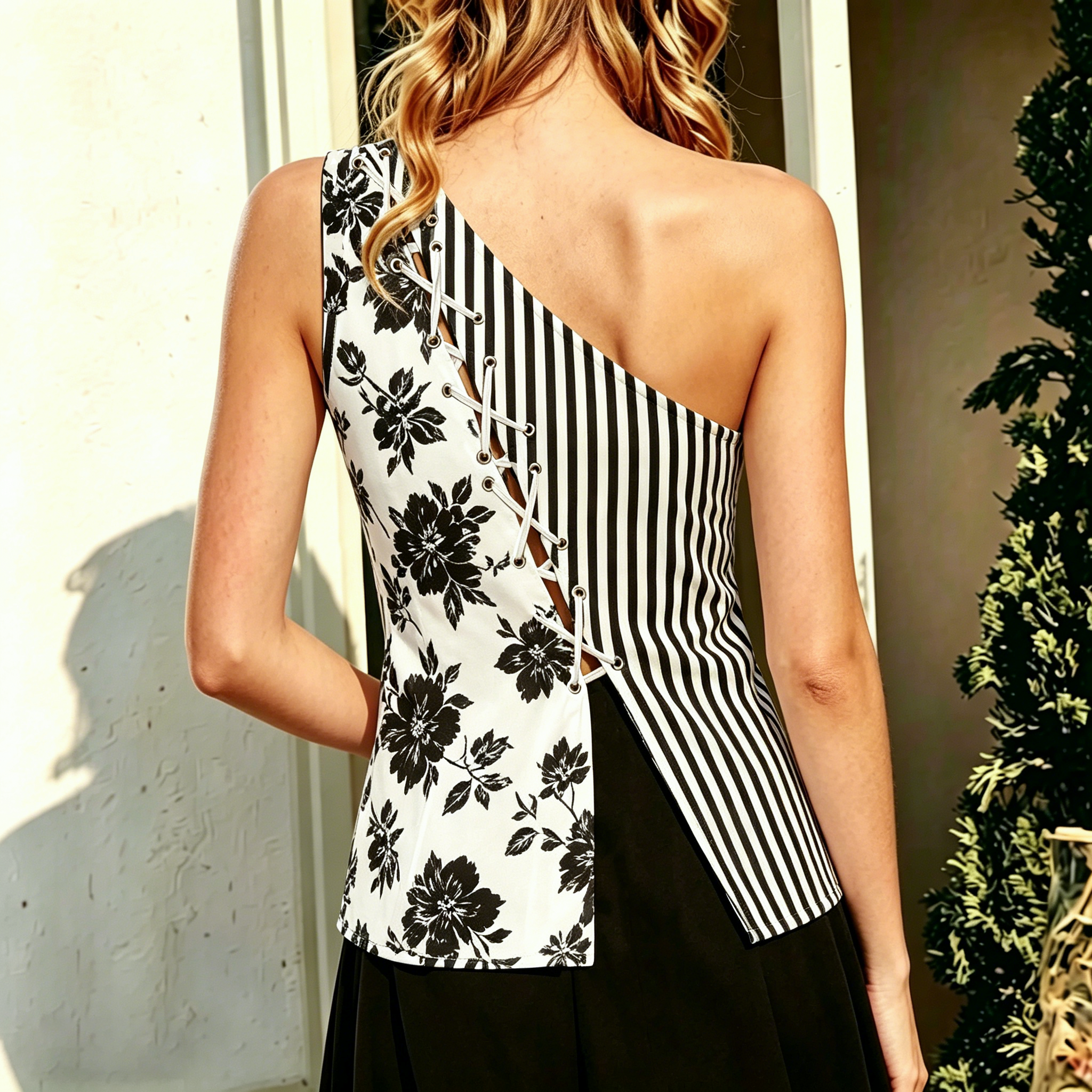 Ärmelloses, gestreiftes Patchwork-Top mit Blumenmuster, One-Shoulder-Ausschnitt, Schnürung und zwei Paneelen - image 2