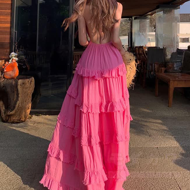 Boho Maxikleid mit tiefem V-Ausschnitt, Spaghettiträgern und Rüschen - image 12