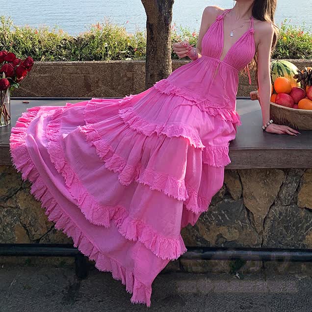Boho Maxikleid mit tiefem V-Ausschnitt, Spaghettiträgern und Rüschen - image 7